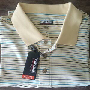 Kirkland Signature Men's Performance Polo Shirt Polyester Yellow W/Striped Blue